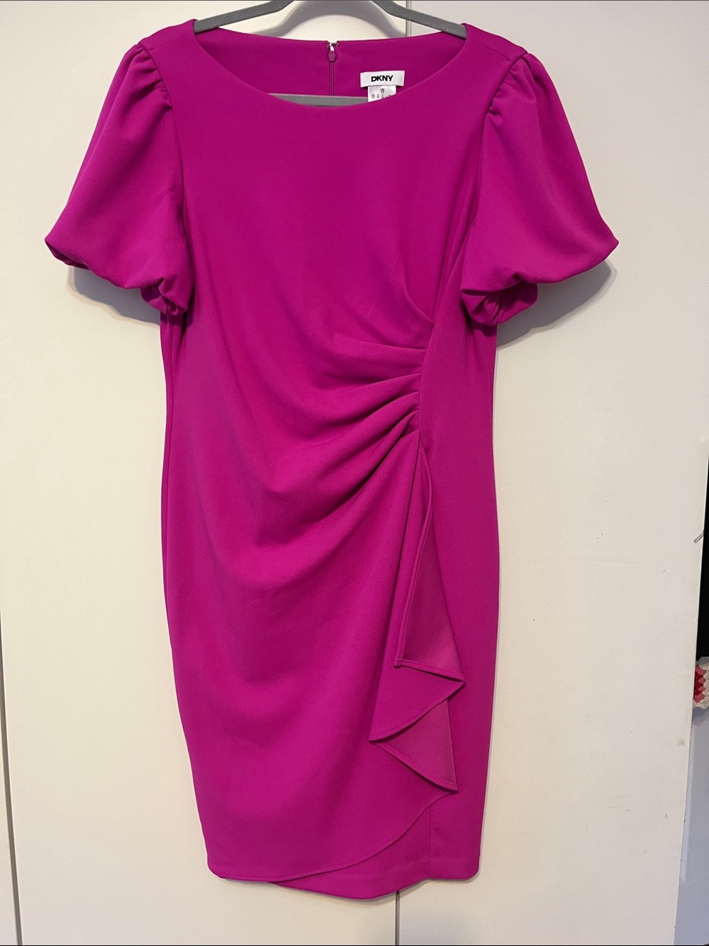 DKNY Magenta Ruched Midi Dress with Puff Sleeves. NWT